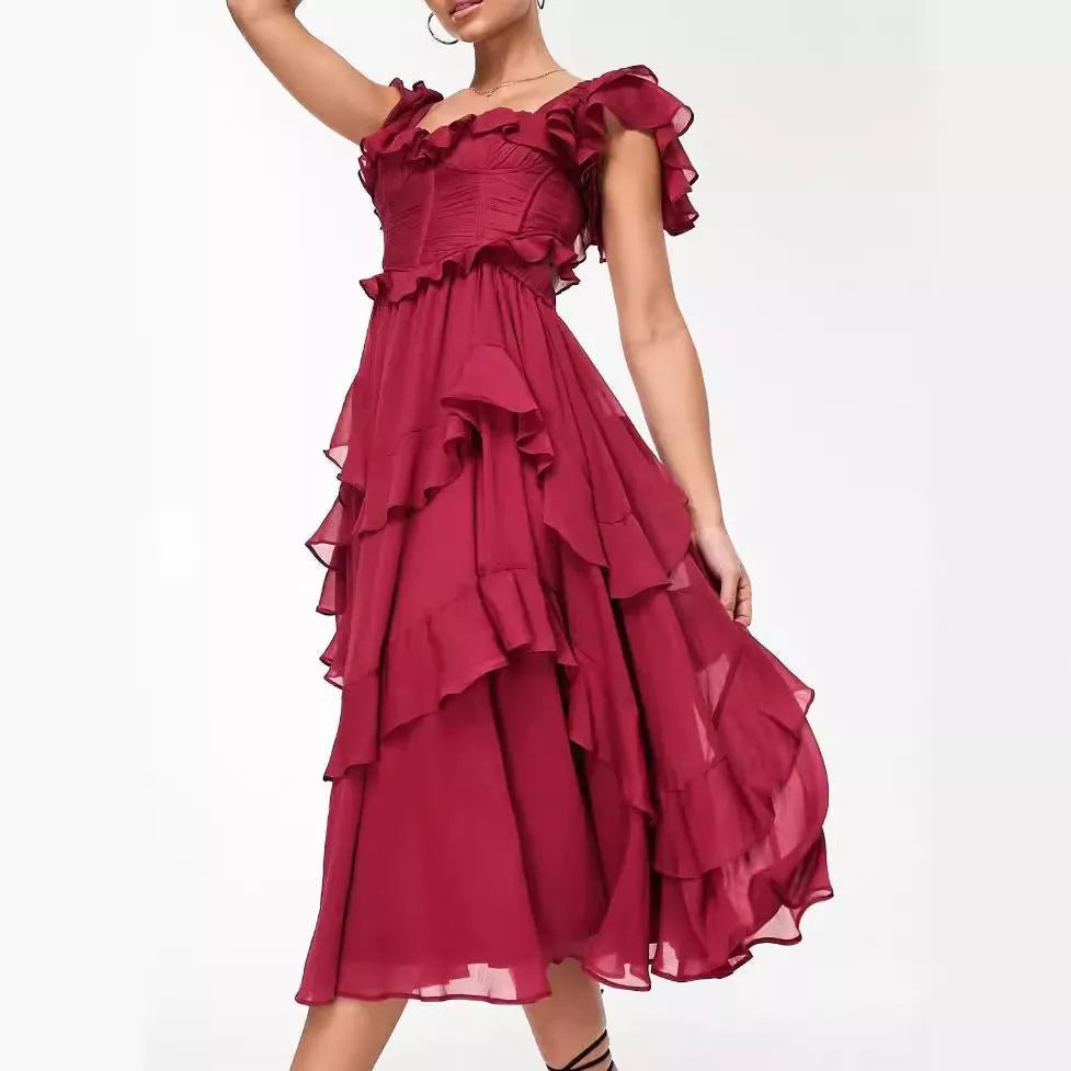 Summer holiday ruffled short-sleeved dress with backless square neck in pink and wine red