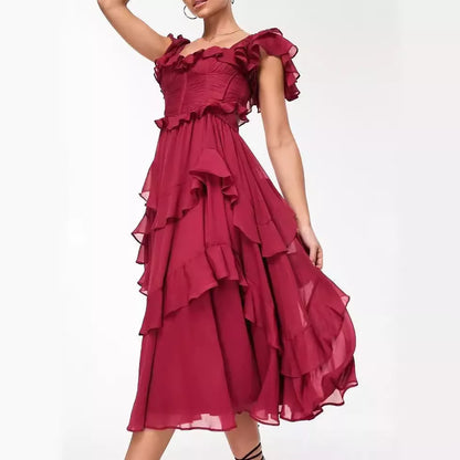 Summer holiday ruffled short-sleeved dress with backless square neck in pink and wine red