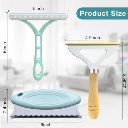 3 pack pet hair remover set with metal, silicone, and round heads for removing dog and cat hair from clothes, sofas, and cars
