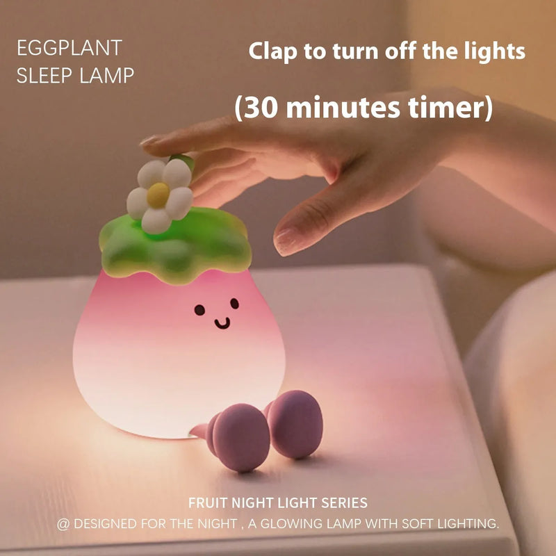 Cartoon Eggplant Small Night Lamp with Soft Yellow Light - Battery-Powered Ambience Light for Bedrooms and Nurseries, Measuring 100mm x 138mm x 130mm for Nightstands and Shelves
