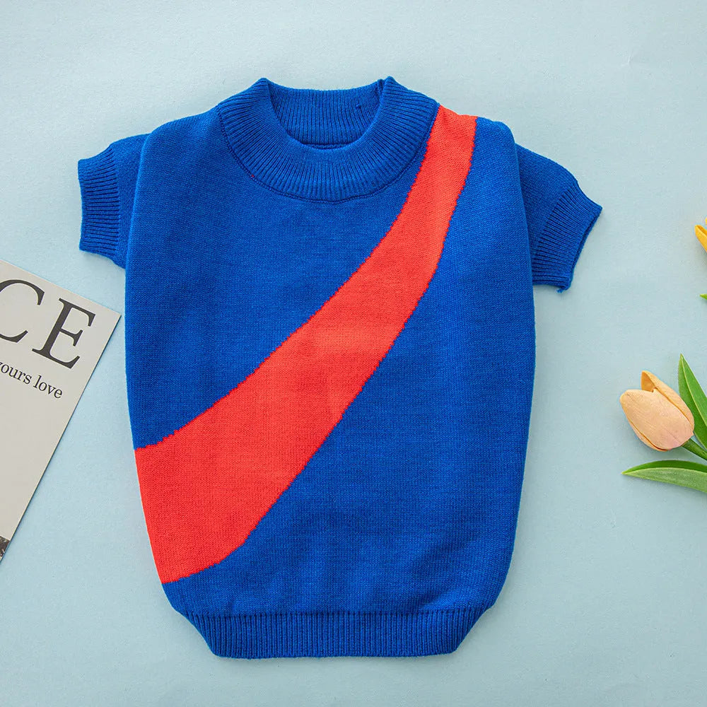 Casual wool knitted dog jumper shown in various colours including black, pink, and blue, sized for small to large breeds.