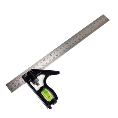 Two red thin 7-inch metal combination angle rulers with metric markings on a surface.