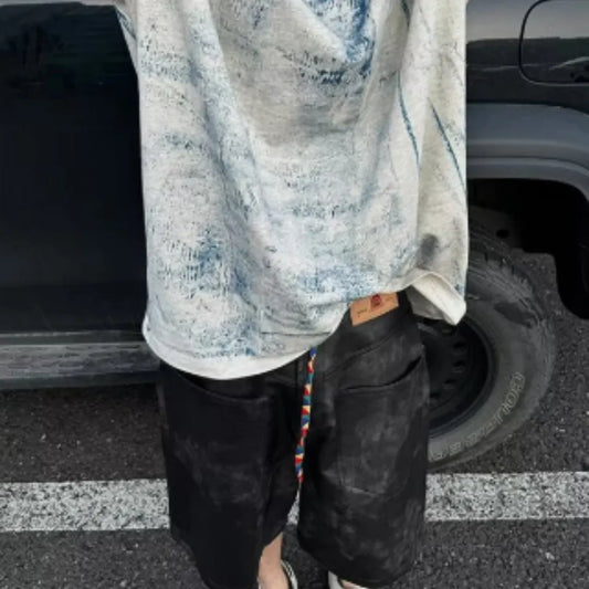 Korean-style loose fit T-shirt with round neck, short sleeves, and head cover detail in solid colour