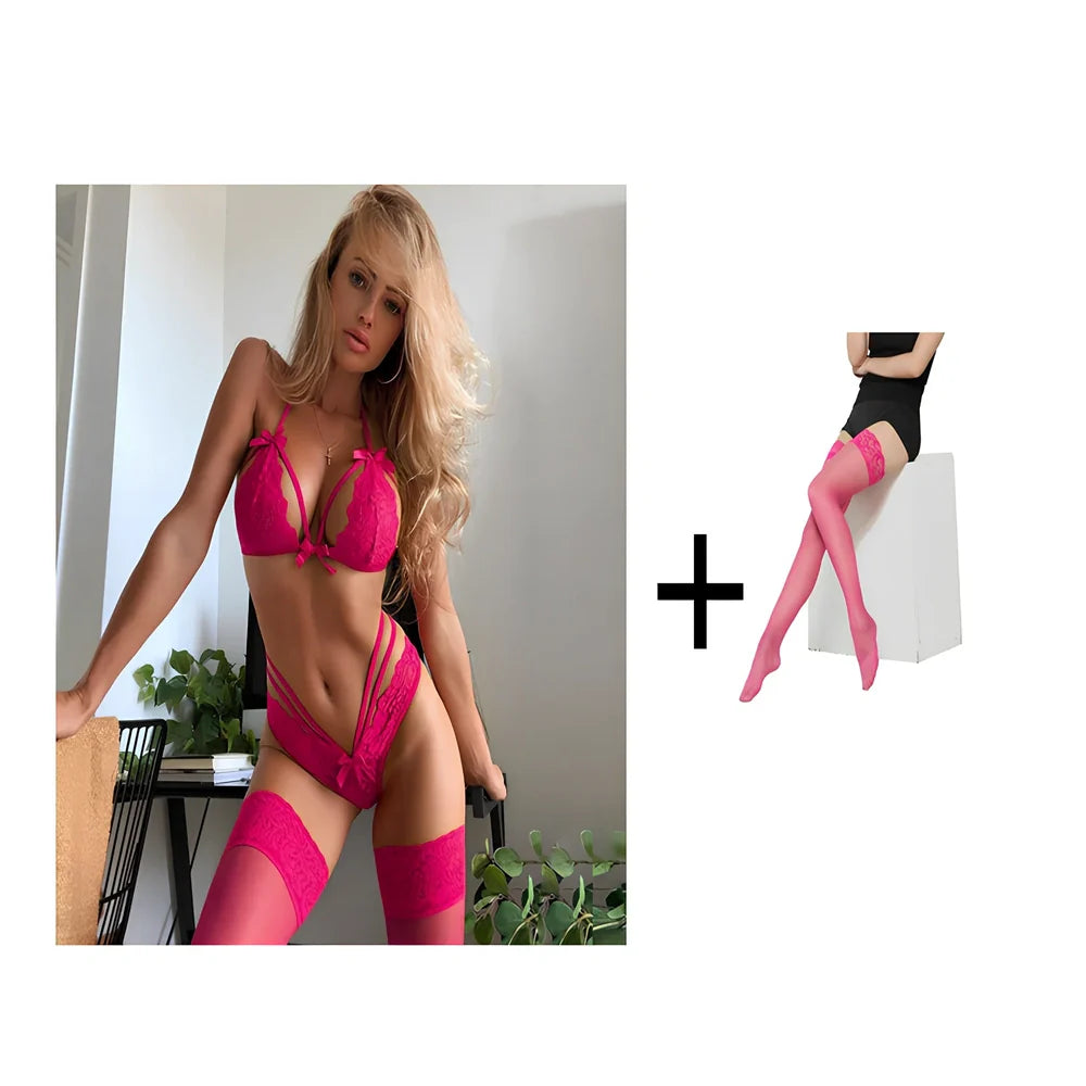 Black bowknot lace sexy lingerie set in nylon, sizes S-3XL with matching bra and panty, 120-180g