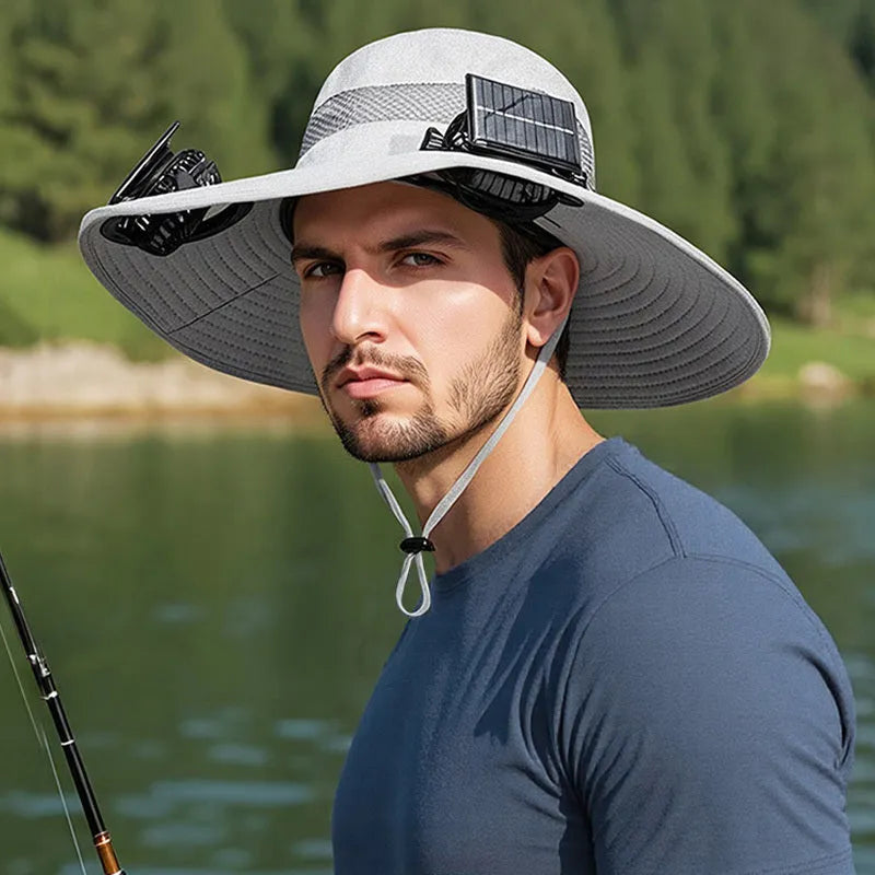 Man wearing a solar-powered fisherman hat with built-in fan for outdoor fishing or hiking