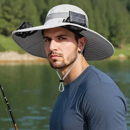 Man wearing a solar-powered fisherman hat with built-in fan for outdoor fishing or hiking