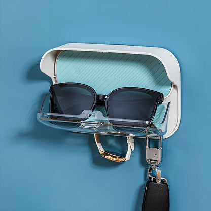 Grey punch-free bathroom wall holder, 17.1cm long with transparent lid for glasses storage