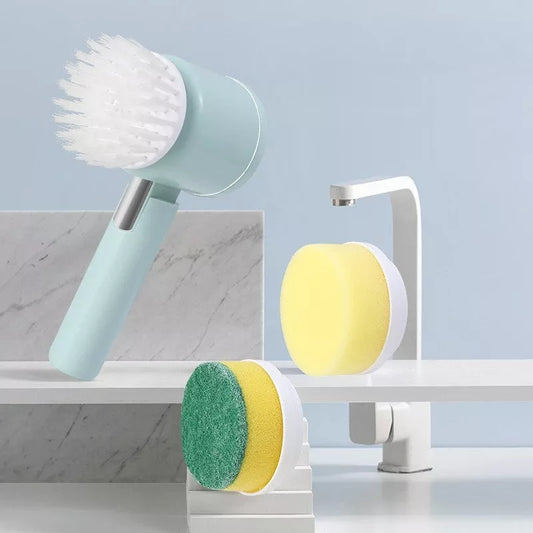 Foldable electric cleaning brush with three interchangeable heads in green, white, and yellow colors