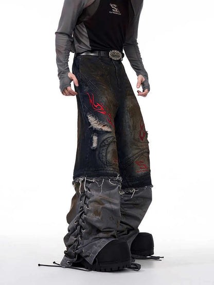 Men's wide-leg retro jeans with detachable trousers legs showing conversion between full-length and shorts