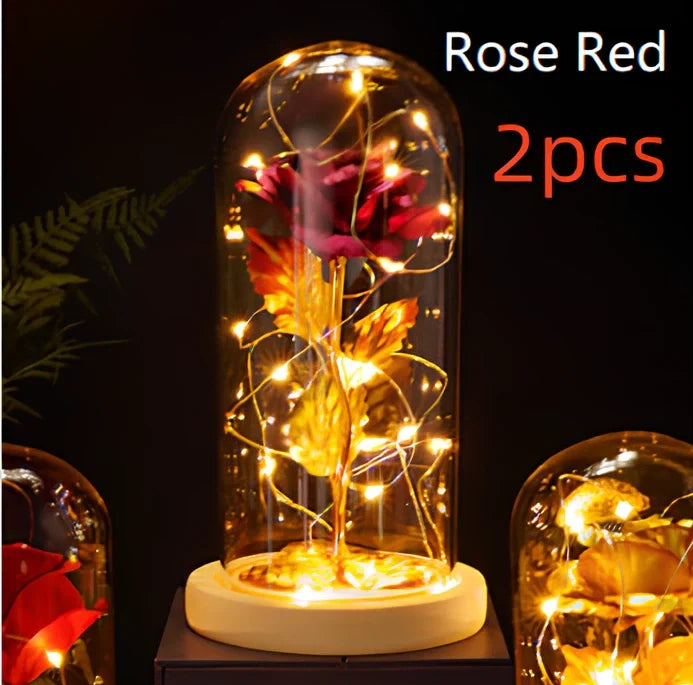 Little Prince rose arrangement under 20x9cm glass dome with gold foil flowers