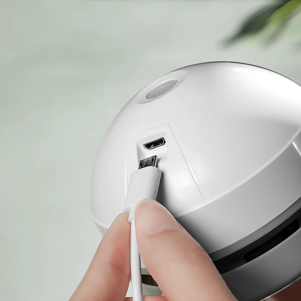 White mini USB desktop keyboard cleaner vacuum with flat nozzle and 30ml dust box, 15cm long for handheld use