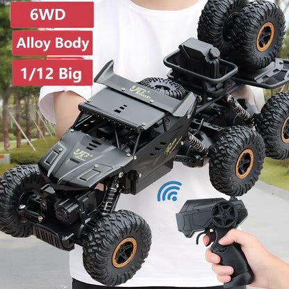 Children's remote control car with six wheels and 38cm climbing capability in black, gold, or red colours