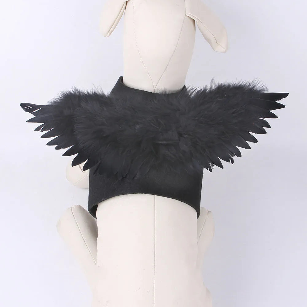 Black and white angel wings costume for dog or cat, made of felt fabric.
