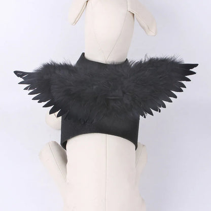 Black and white angel wings costume for dog or cat, made of felt fabric.
