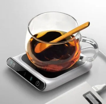 Black USB-powered cup warmer with three temperature settings and drinking reminder