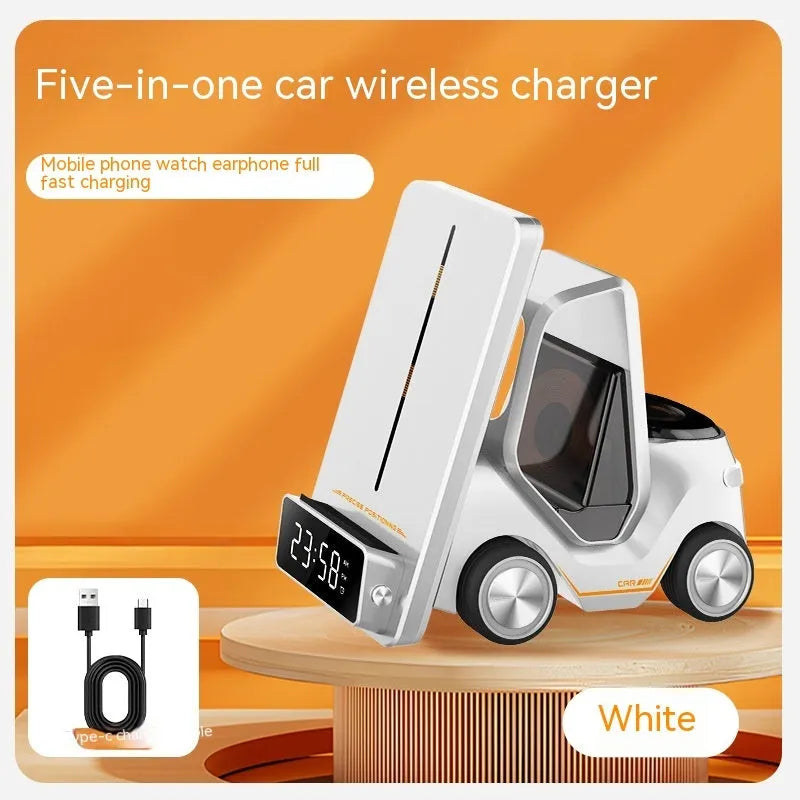 15W three-device wireless charging bracket in grey, white, yellow, or orange with compact 150x146x75mm dimensions