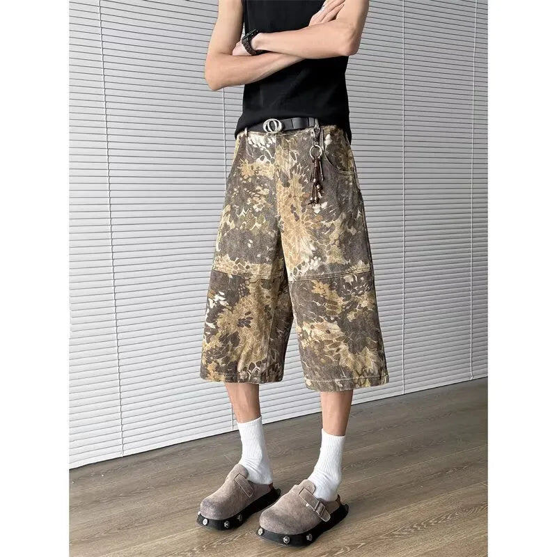 Yellow snake pattern tooling camouflage cropped jeans in 100% cotton denim, sizes S to 3XL