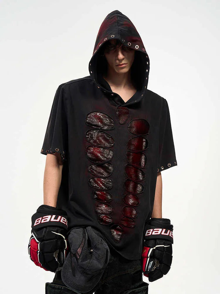 Black men's hooded short-sleeved T-shirt covered in shimmering sequins with a loose fit.