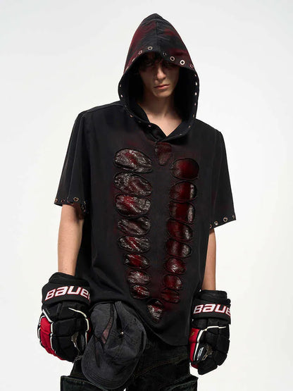 Black men's hooded short-sleeved T-shirt covered in shimmering sequins with a loose fit.
