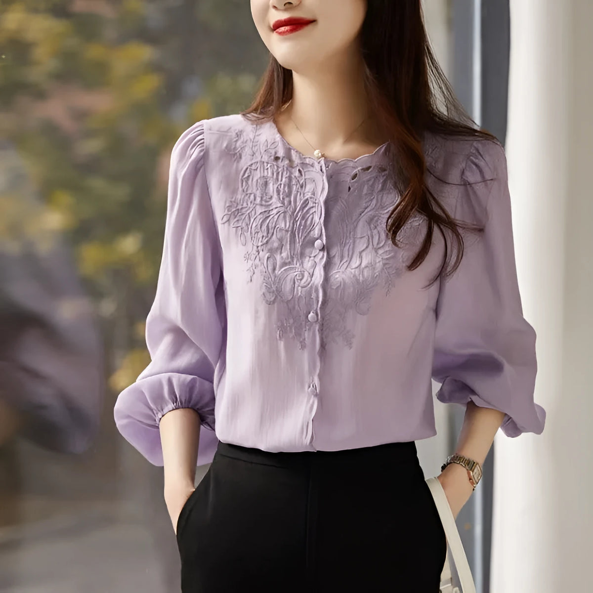 Round neck long sleeve shirt with lantern sleeves and geometric 3D pattern in purple, white, or black, sizes S to 2XL.