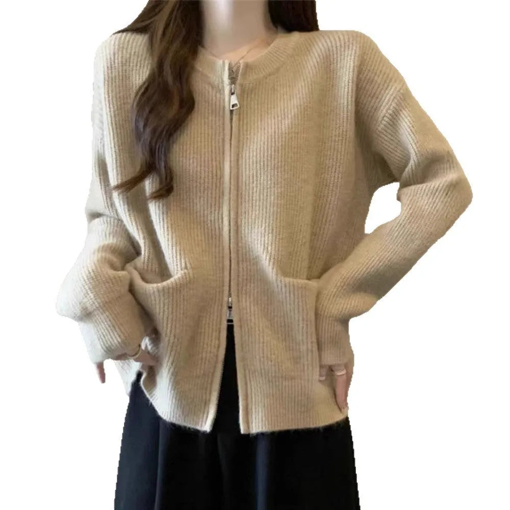 Long-sleeve viscose fibre sweater coat in beige, grey, black, or khaki, showing cardigan style and size options