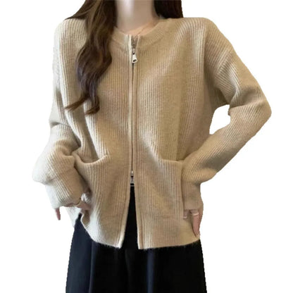 Long-sleeve viscose fibre sweater coat in beige, grey, black, or khaki, showing cardigan style and size options