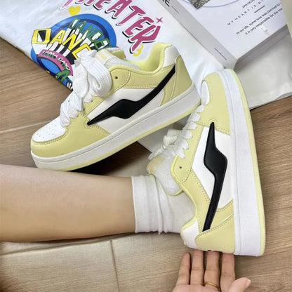 Women's low top board shoes in solid pink, white yellow, white black, or white red with mid heel and rubber sole