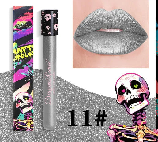 Halloween skull test tube lip gloss in gold and silver matte metallic shades showing doe-foot applicator.