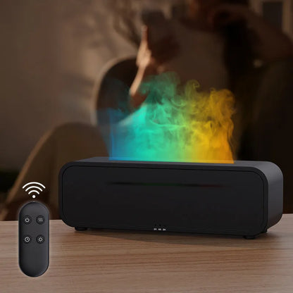 Black Flame Dynamic Aroma Diffuser with colour-changing lights and remote control on a table.