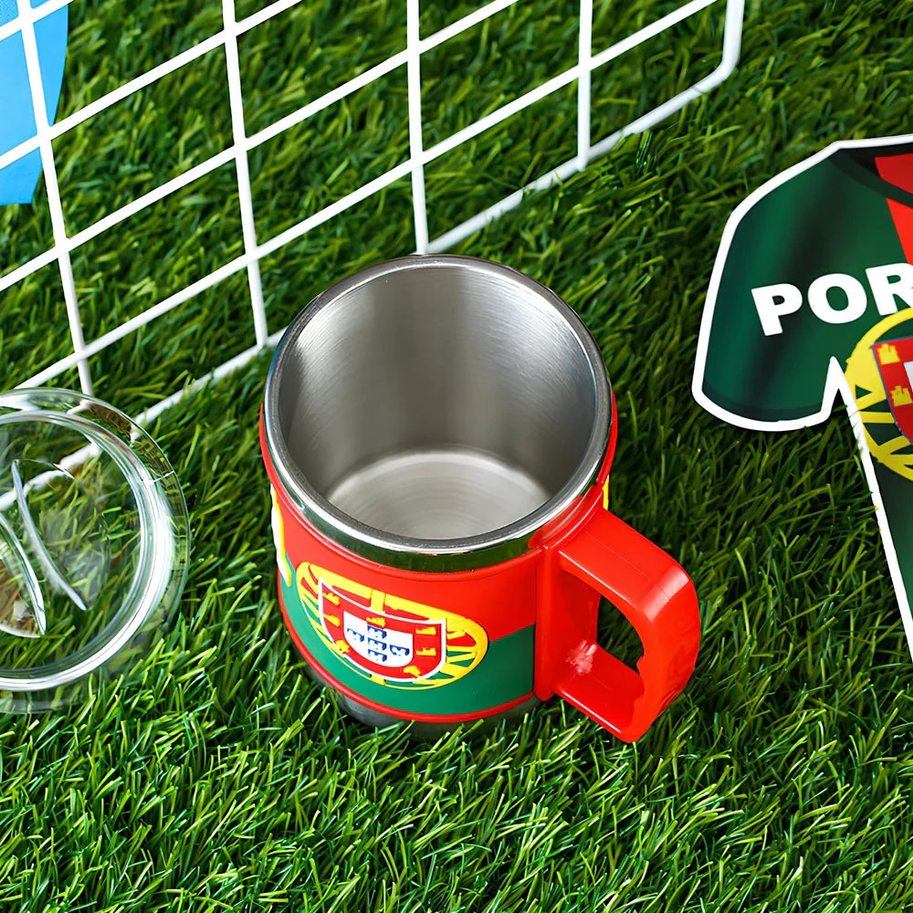 World Cup football mug in team colours with 7.6cm diameter and rubber-metal construction