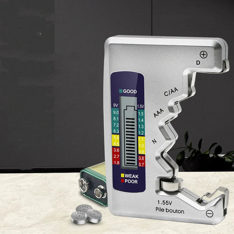 Universal Digital Battery Tester for AA, AAA, 9V, and button cells with LCD display