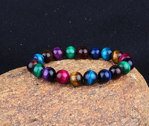 Handmade 8mm blue tiger stone couple bracelet with gold-plated inlay