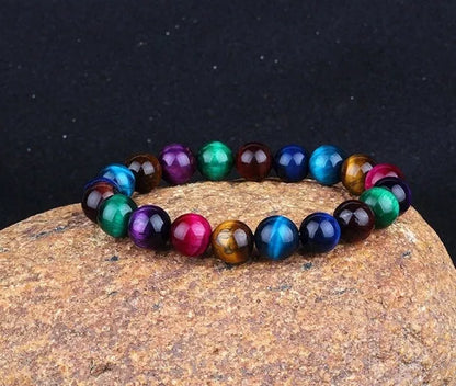 Handmade 8mm blue tiger stone couple bracelet with gold-plated inlay