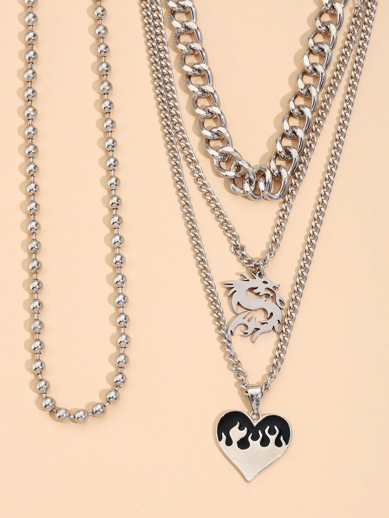 Silver dragon pendant necklace with adjustable chain, geometric design