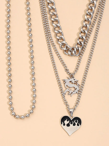 Silver dragon pendant necklace with adjustable chain, geometric design