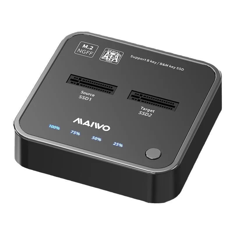MAIWO K3016 M.2 solid-state drive docking station with power adapter and two USB cables on a desk.