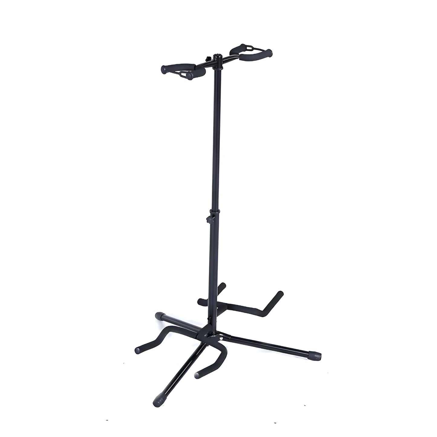 Black vertical double-headed adjustable iron guitar stand holding two guitars.