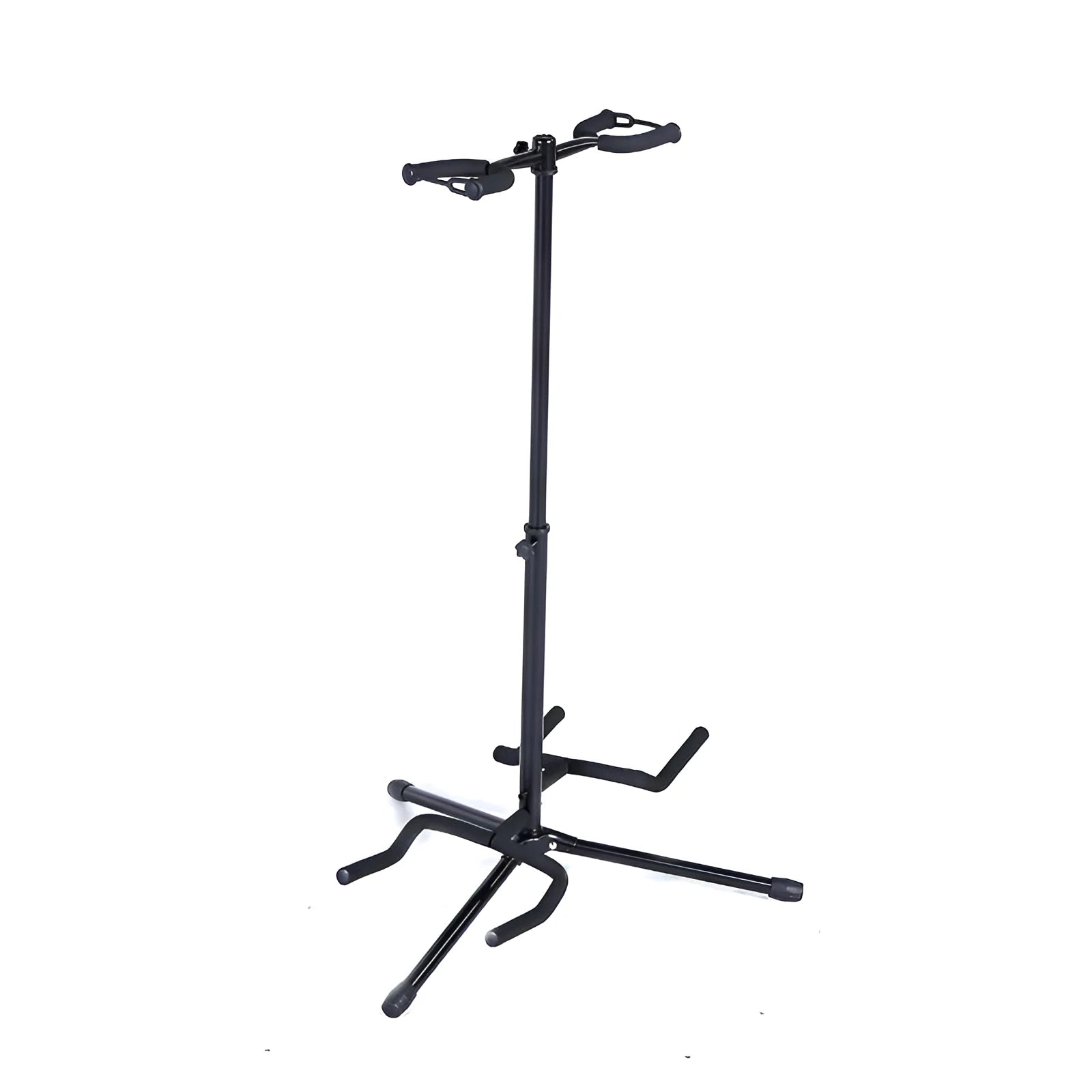 Black vertical double-headed adjustable iron guitar stand holding two guitars.