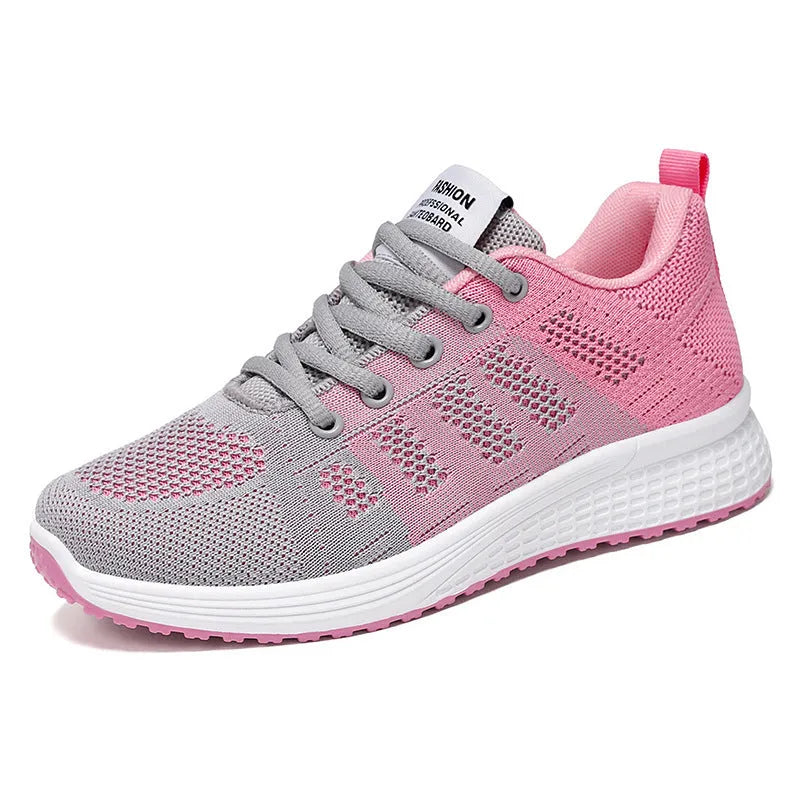 Women's Fly-knit running sneakers in black, rose red, or gray pink with soft bottom and flat heel.