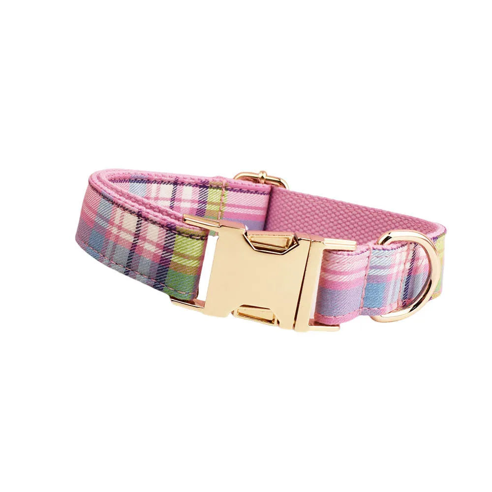 Four-piece dog accessory set showing adjustable collar, leash, mesh vest, and bow in coordinating colours