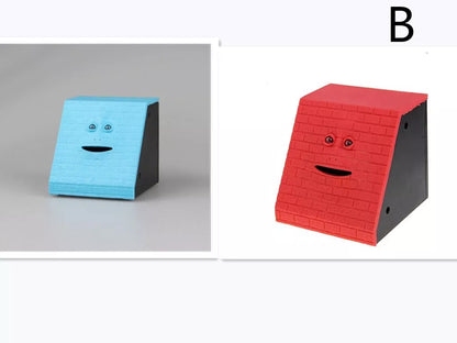 Face Intelligent Induction Electric Piggy Bank with realistic money-eating action in brick blue, pink, or red