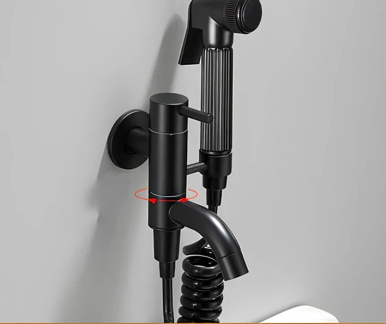 Single cold sink wall faucet with coiled telephone cord hose and push-type spray gun for mop pool installation