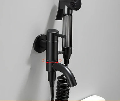 Single cold sink wall faucet with coiled telephone cord hose and push-type spray gun for mop pool installation