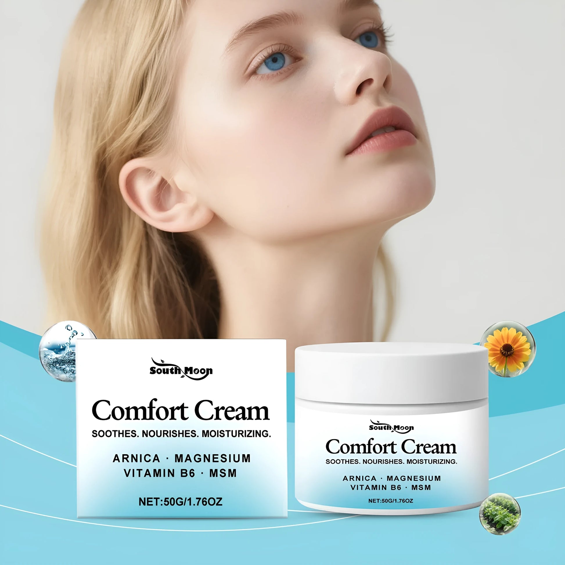 Square white jar of 50g moisturising cream with Shanjinchehua and Vitamin B6 for skin hydration.