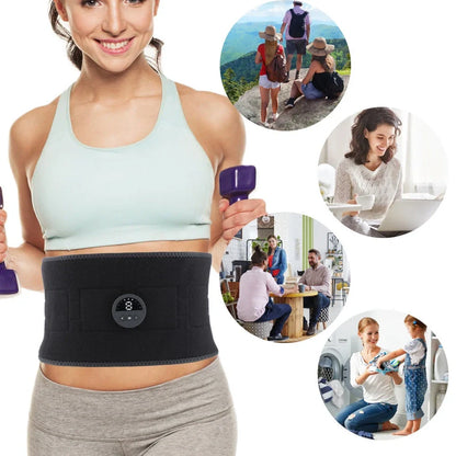 Black EMS pulse health care belt with control unit showing mode and intensity buttons, measuring 110cm with tapered width