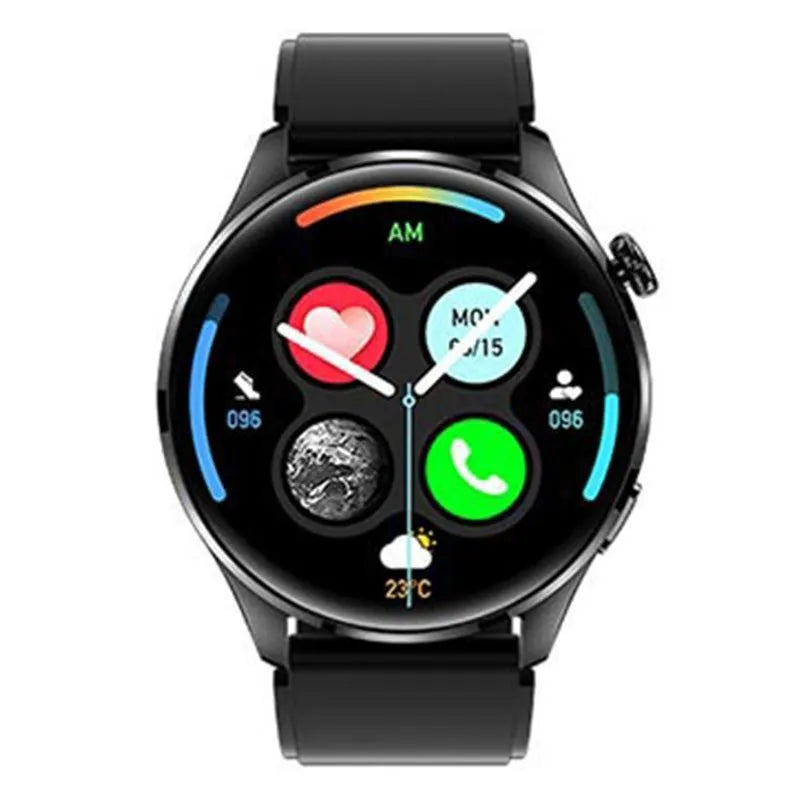 Smart watch with round colour screen, zinc alloy case, and silicone strap, showing Bluetooth calling and access control features