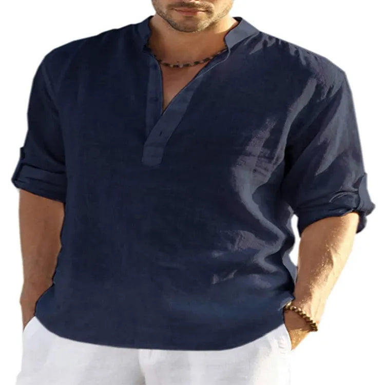Men's light blue cotton linen long sleeve shirt with stand collar, button front, and rolled-up sleeves