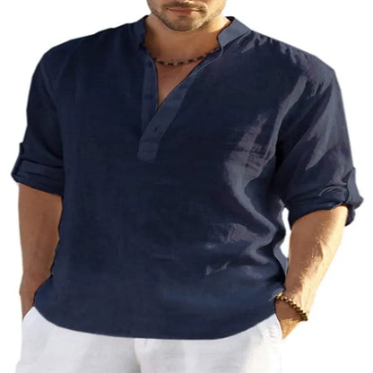 Men's light blue cotton linen long sleeve shirt with stand collar, button front, and rolled-up sleeves