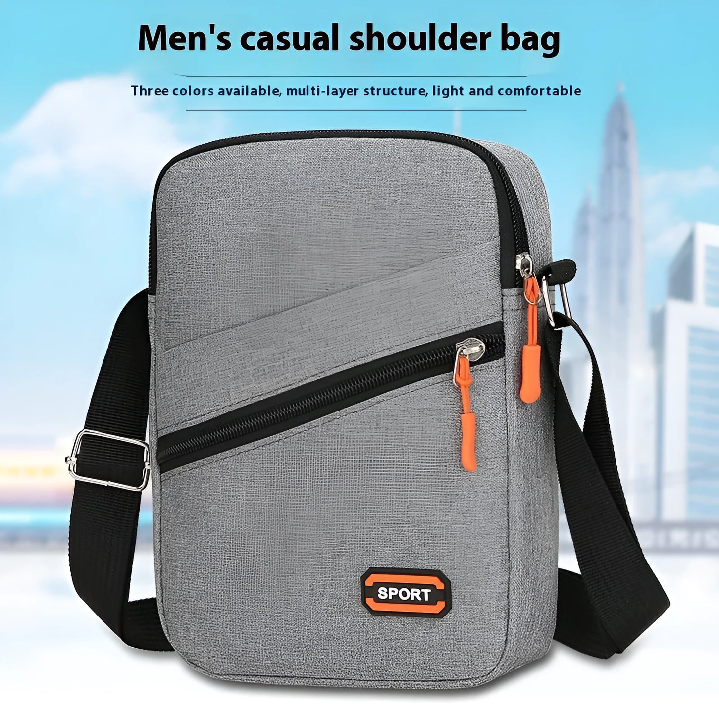 Oxford cloth crossbody commuter bag with contrast colour trim in silver grey