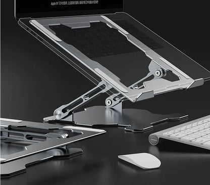 Grey aluminium alloy laptop stand with adjustable angle and folding legs for portable use
